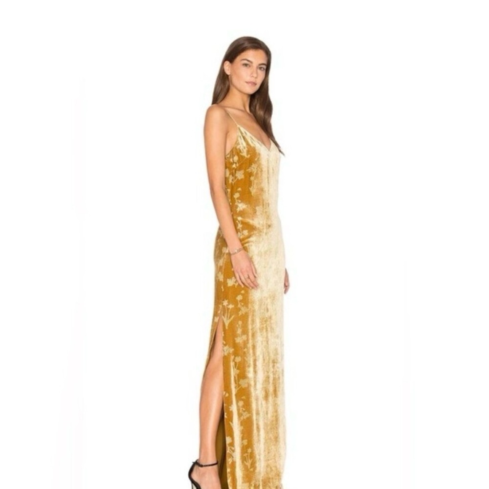 Elizabeth and James Gold Velvet Slip Maxi with Side Slit